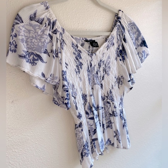 Angie Blue and White Floral V-Neck Blouse - Picture 1 of 5